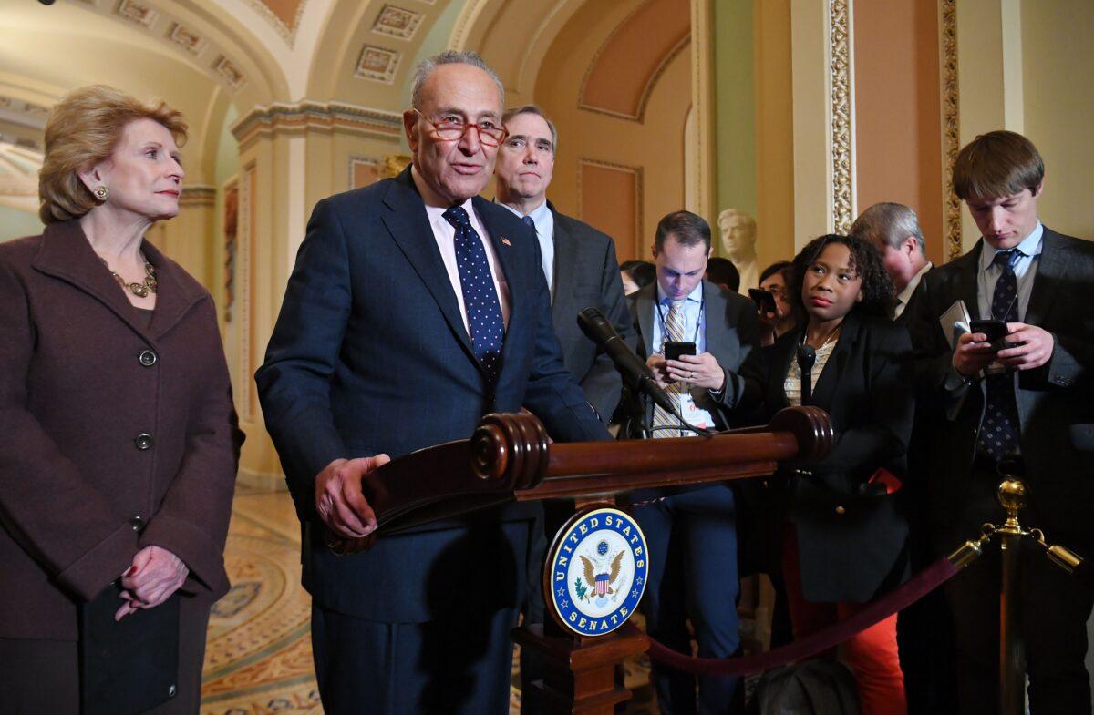 Senate Minority Leader Chuck Schumer (D-N.Y.) speaks to reporters after a policy luncheon at the US Capitol in Washington on Jan. 7, 2020. (Mandel Ngan/AFP via Getty Images)