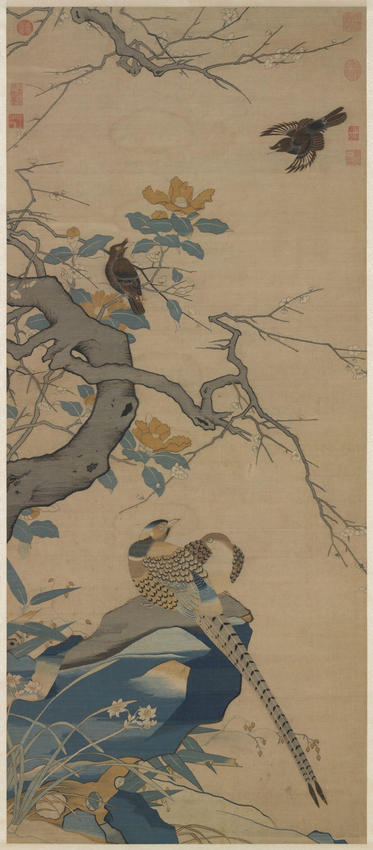 “Bird-and-Flower Painting to Celebrate New Year," Song Dynasty (960–1279). Polychrome silk tapestry. (Taipei National Palace Museum)