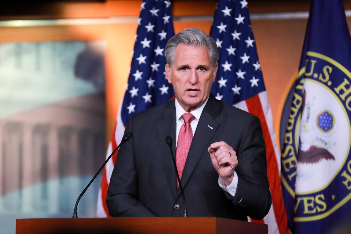  House Minority Leader Rep. Kevin McCarthy (R-Calif.) at a press conference in the Capitol in Washington on Jan. 9, 2020. (Charlotte Cuthbertson/The Epoch Times)