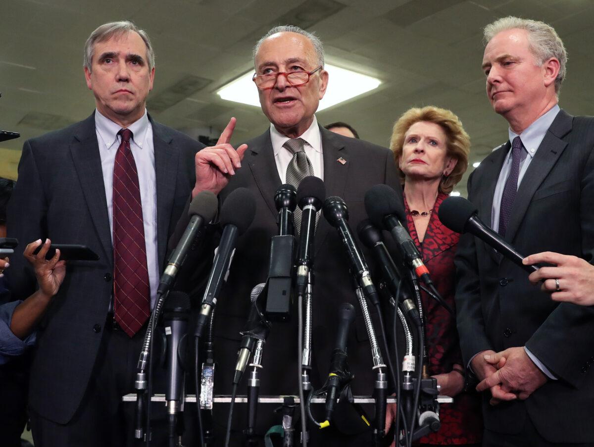 Senate Minority Leader Charles Schumer (D-N.Y.) (C) speaks to the media after attending a briefing with administration officials about the situation with Iran, at the U.S. Capitol in Washington on Jan. 8, 2020. (Mark Wilson/Getty Images)