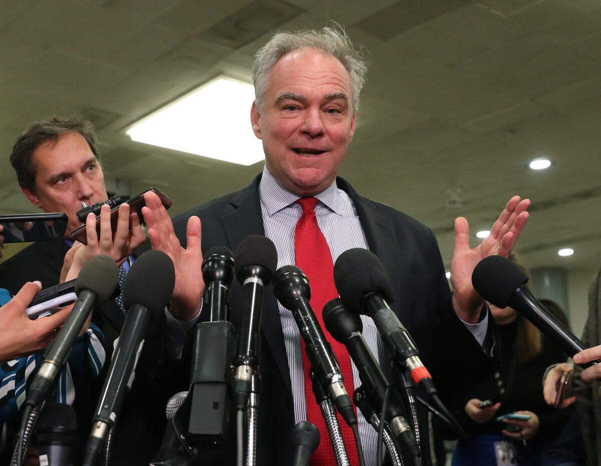 Sen. Tim Kaine (D-Va.) after attending a briefing with administration officials about the situation with Iran, at the U.S. Capitol in Washington on Jan. 8, 2020. (Mark Wilson/Getty Images)