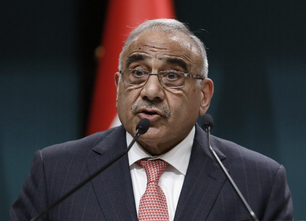 Iraqi Prime Minister Adel Abdul-Mahdi speaks to the media during a joint news conference with Turkish President Recep Tayyip Erdogan, in Ankara, Turkey, on May 15, 2019. (Burhan Ozbilici/AP Photo)