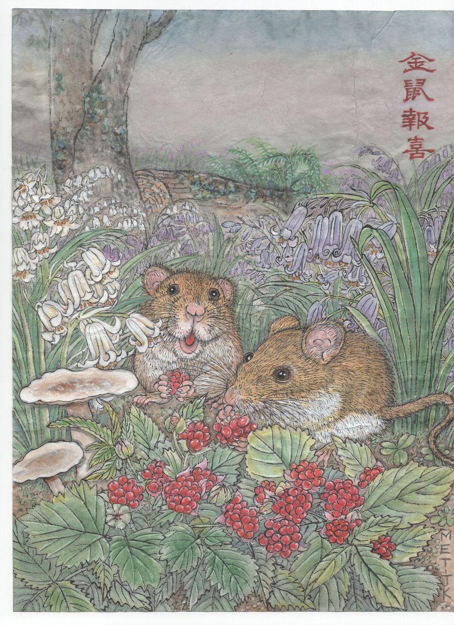Mice feast in a flower-strewn field containing daffodils, in this illustration in celebration of Chinese New Year 2020, which falls on Saturday, Jan. 25, 2020. It’s the Year of the Rat (Mouse), and the Chinese characters say “The Golden Mouse Brings Joy.” (Jane Ku/The Epoch Times)