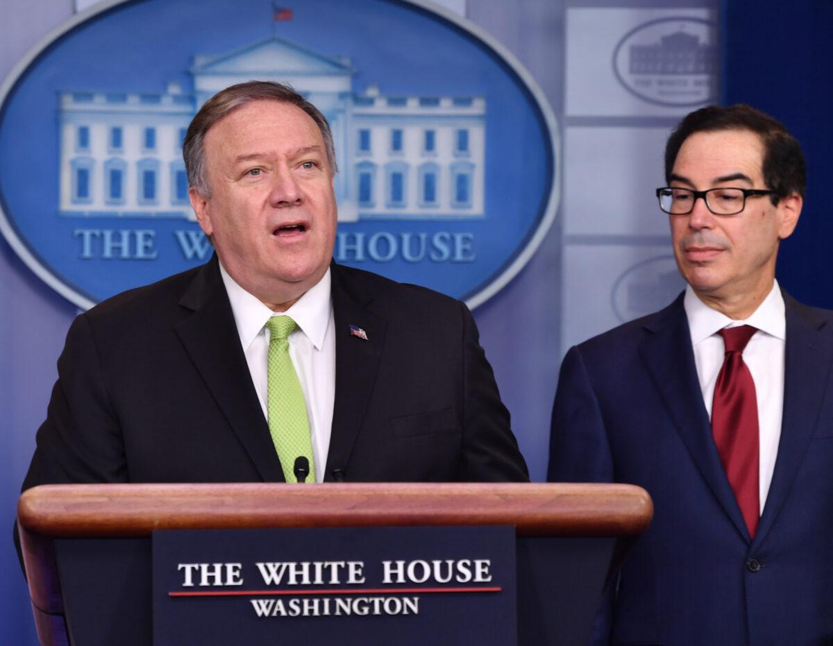 Secretary of State Mike Pompeo and Treasury Secretary Steven Mnuchin announce new sanctions on Iran, at the White House in Washington, on Jan. 10, 2020. (Nicholas Kamm/AFP via Getty Images)