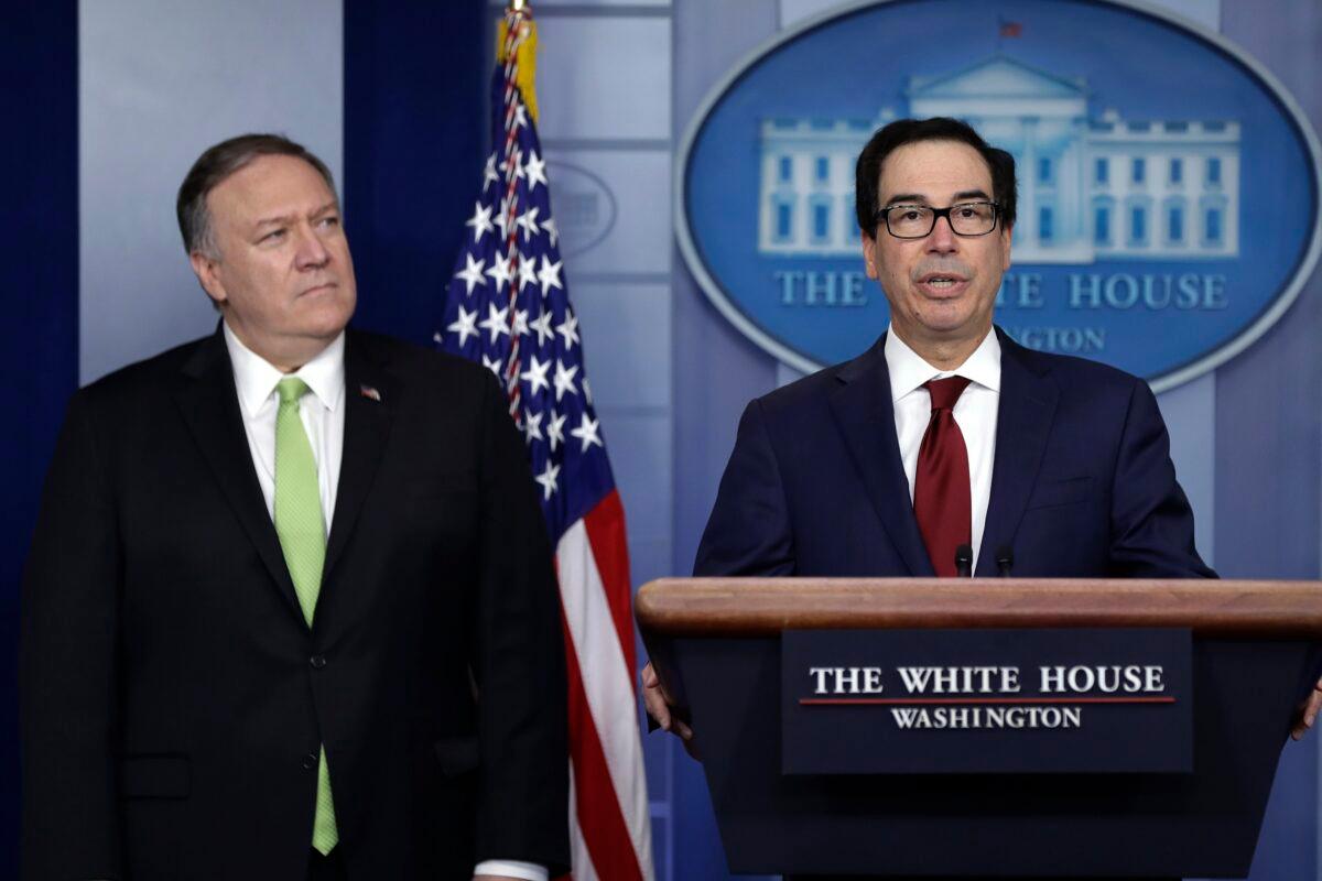 Secretary of State Mike Pompeo and Treasury Secretary Steven Mnuchin brief reporters about additional sanctions placed on Iran, at the White House in Washington on Jan. 10, 2019. (Evan Vucci/AP Photo)