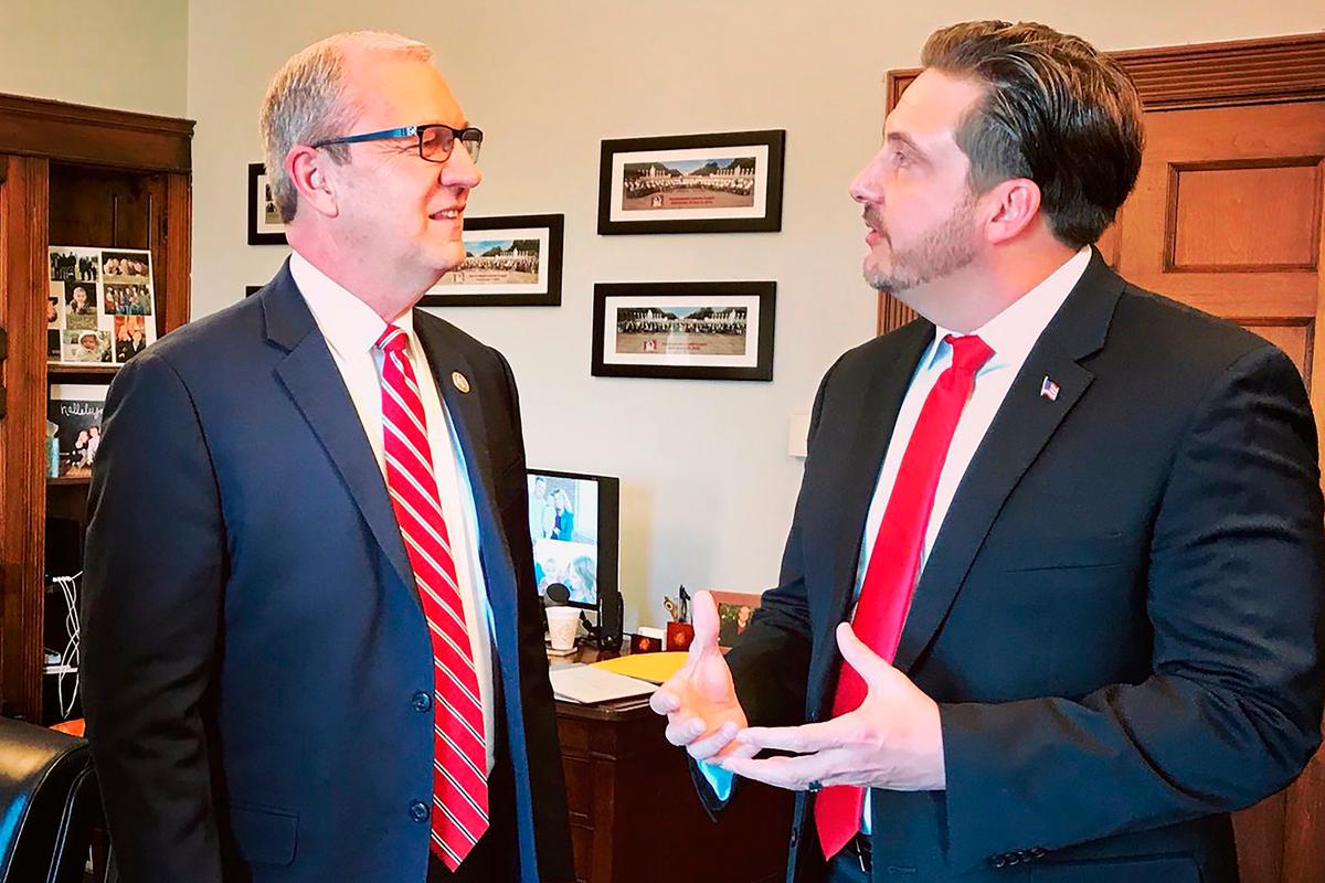 Tommy Fisher (R) talks with Sen. Kevin Cramer, (R-N.D.), at the lawmaker's office in Washington on Jan. 30, 2019. (Sen. Kevin Cramer's office via AP, File)