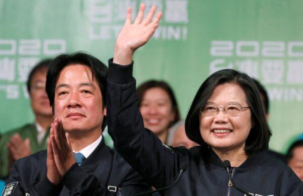 Incumbent Taiwan President Tsai Ing-wen (R) and Vice President-elect William Lai wave to their supporters after their election victory at a rally, outside the Democratic Progressive Party (DPP) headquarters in Taipei, Taiwan Jan. 11, 2020. (Reuters/Tyrone Siu)