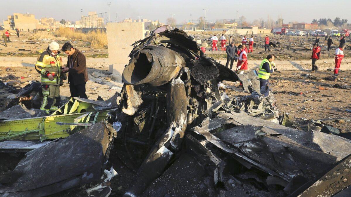 Debris at the scene where a Ukrainian plane crashed in Shahedshahr, southwest of the capital Tehran, Iran, on Jan. 8, 2020. (Ebrahim Noroozi/AP Photo)