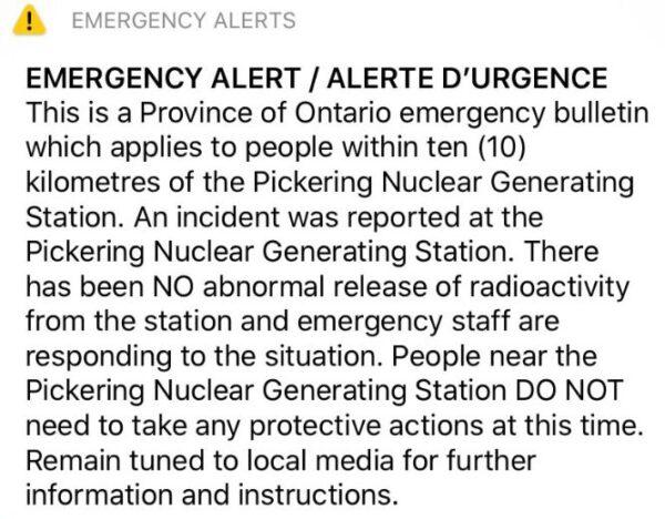 The alert that was sent out to phones across the Toronto metropolitan area (Ontario Power Generation)
