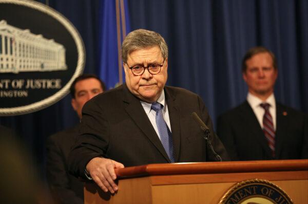 Attorney General Bill Barr and justice officials hold a press conference at the Justice Department in Washington on Jan, 13, 2020. (Charlotte Cuthbertson/The Epoch Times)