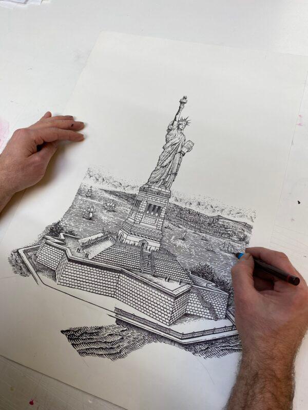 All of David Adrian Smith's work starts with a drawing. Here, he renders the Statue of Liberty for an etching on a commission for the Ludlow Blunt hair salon. (Courtesy of David A. Smith)