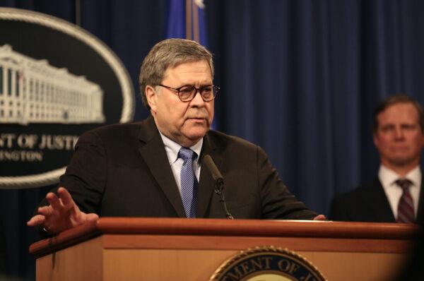 U.S. Attorney General William Barr speaks at a press conference at the Department of Justice in Washington on Jan. 13, 2020. (Charlotte Cuthbertson/The Epoch Times)