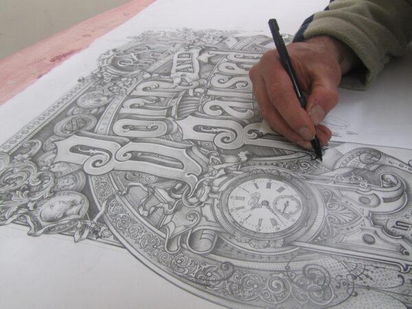 Pencil drawing is an important part of David Adrian Smith's work. Here he works on an album cover for John Mayer. (Courtesy of David A. Smith)