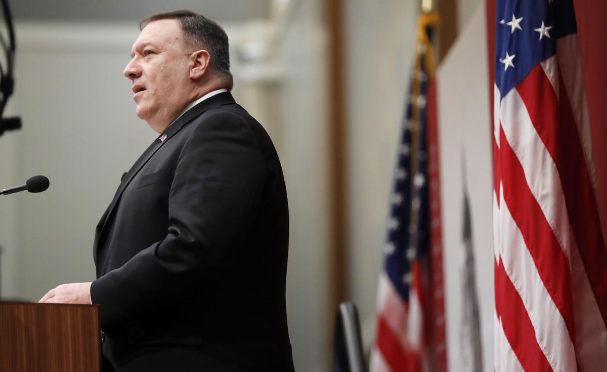 United States Secretary of State Mike Pompeo speaks during an event hosted by the Hoover Institution at Stanford University in Stanford, Calif. on Jan. 13, 2020. (John G. Mabanglo/Pool/AFP via Getty Images)