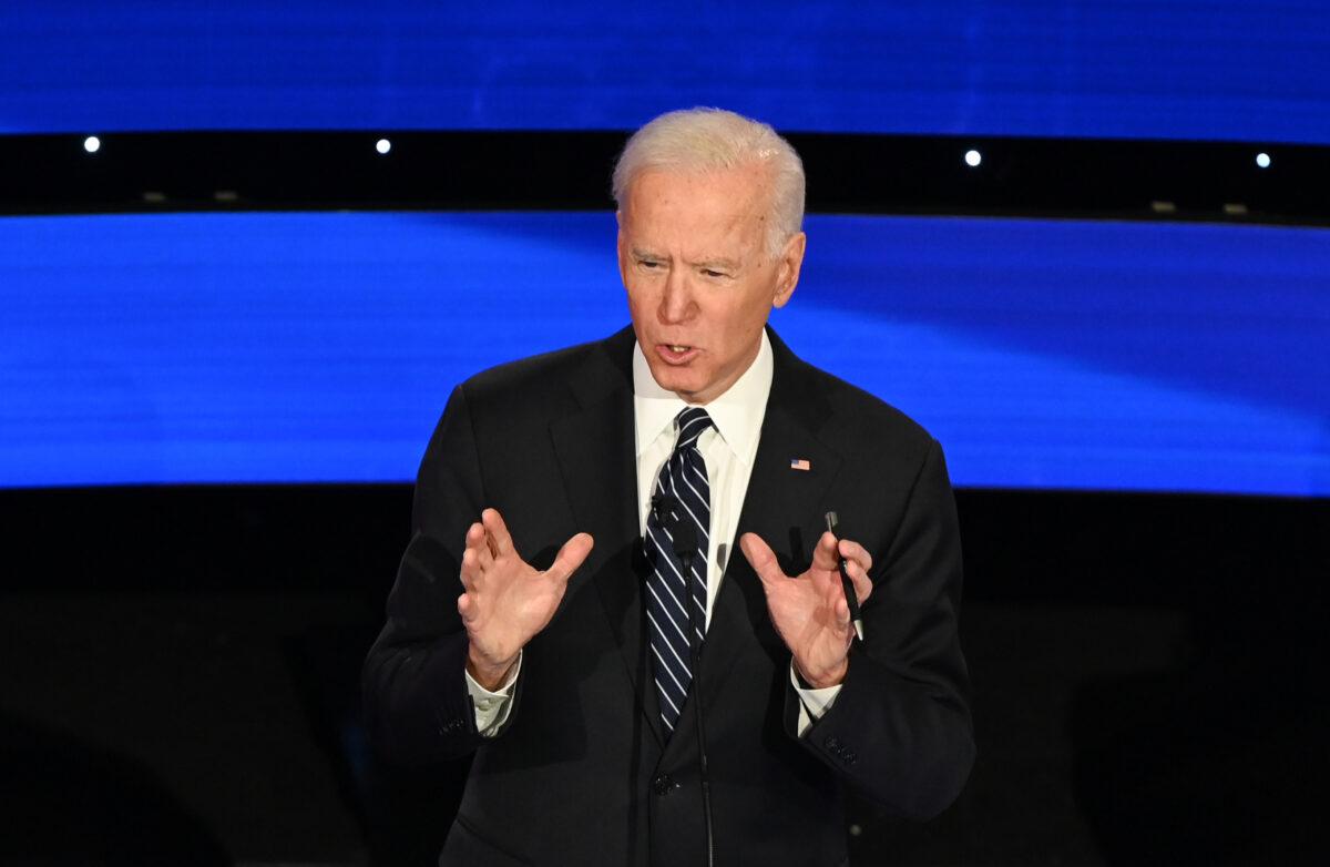 Democratic presidential hopeful former Vice President Joe Biden speaks during the seventh Democratic primary debate of the 2020 presidential campaign season at the Drake University campus in Des Moines, Iowa on Jan. 14, 2020. (Robyn Beck/AFP via Getty Images)