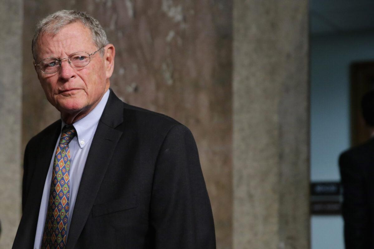 Senate Armed Services Committee member Sen. James Inhofe (R-Okla.) arrives for a hearing about the Pentagon budget in the Dirksen Senate Office Building on Capitol Hill in Washington on March 17, 2016. (Chip Somodevilla/Getty Images)