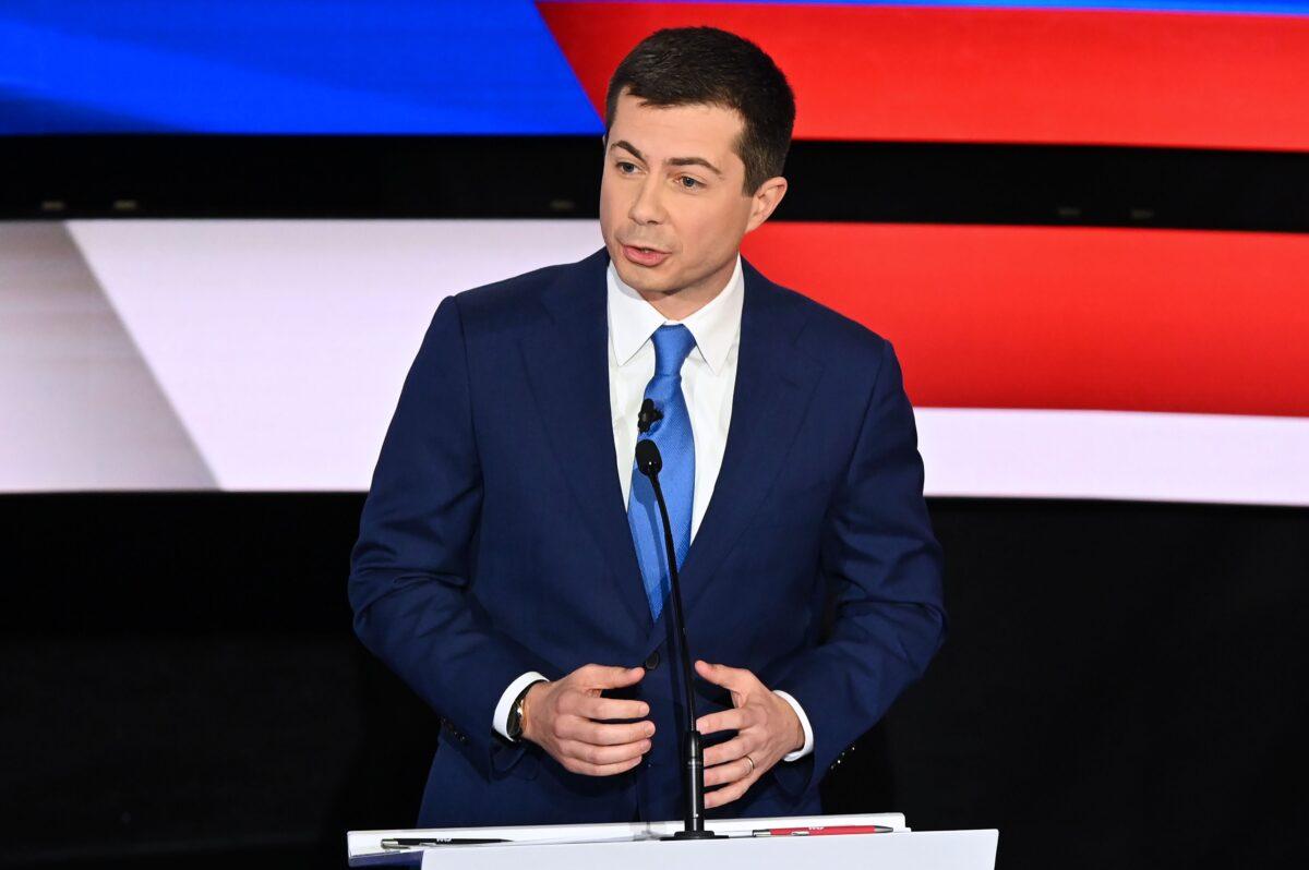 Democratic presidential candidate and former mayor of South Bend, Indiana, Pete Buttigieg participates during the Democratic presidential primary debate at Drake University at the Drake University campus in Des Moines, Iowa, on Jan. 14, 2020. (Scott Olson/Getty Images)