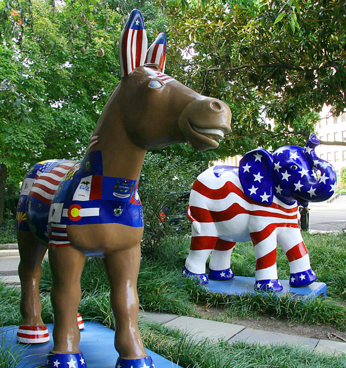 The symbols of the Democratic (donkey) and Republican (elephant) parties are seen on display in Washington on Aug. 25, 2008. (Karen Bleier/AFP via Getty Images)