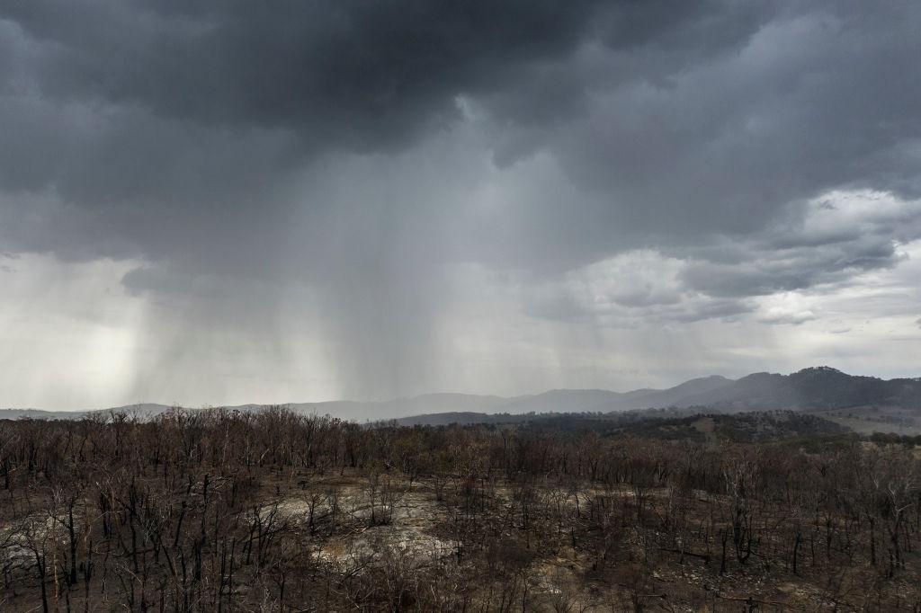 The first of much predicted rainfall over the drought- and fire-ravaged countryside near Tamworth, Australia, on Jan. 15, 2020 (©Getty Images | <a href="https://www.gettyimages.com/detail/news-photo/an-aerial-view-as-rain-begins-to-fall-on-drought-and-fire-news-photo/1199578707?adppopup=true">Brook Mitchell</a>)