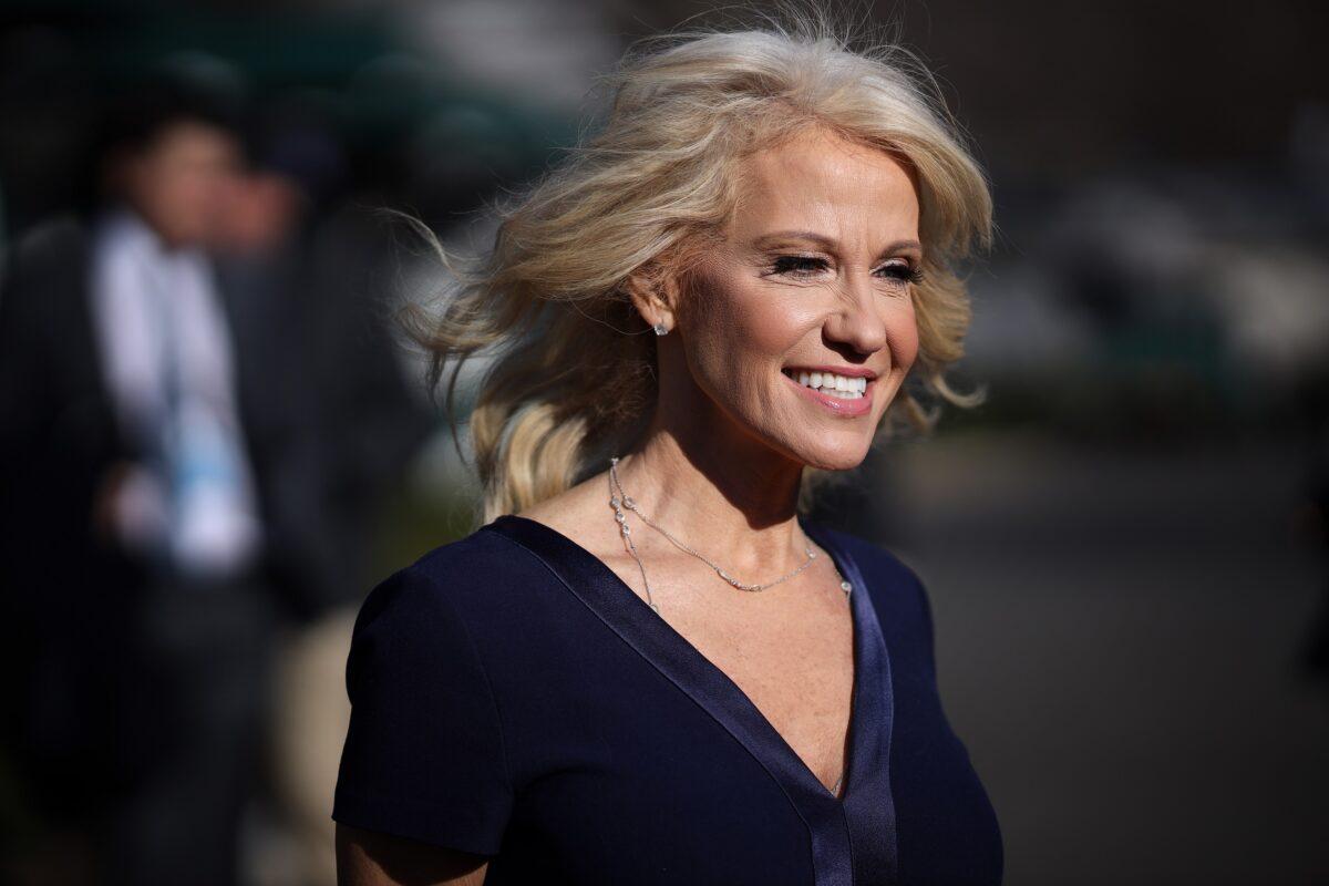 White House counselor Kellyanne Conway walks to a brief press conference with reporters outside the White House in Washington on Jan. 16, 2020. (Win McNamee/Getty Images)