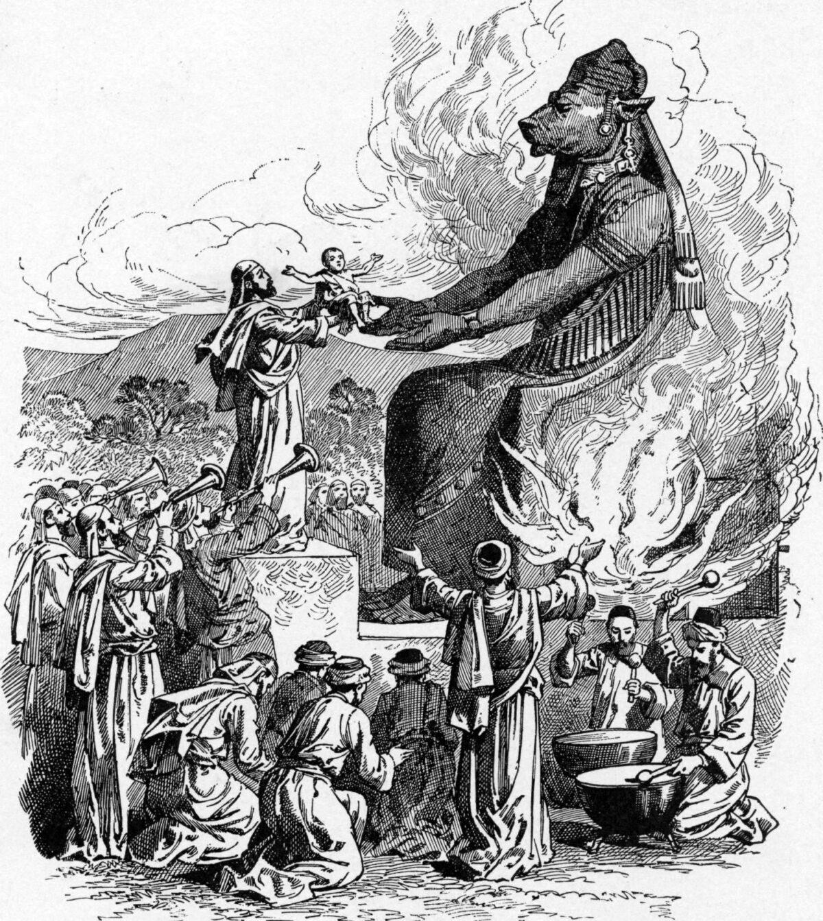 King Ahaz is believed to have been evil, offering his own children as sacrifice to an idol. “Offering to Molech,” illustration by Charles Foster for the 1897 “Bible Pictures and What They Teach Us.” (Public Domain)