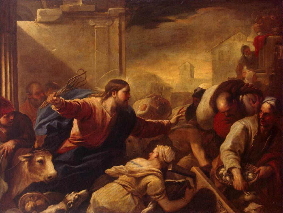 “Expulsion of the Money-Changers From the Temple,” circa 1675, by Luca Giordano. Oil on canvas, 78 inches by 103 inches. Hermitage Museum. (Public Domain)