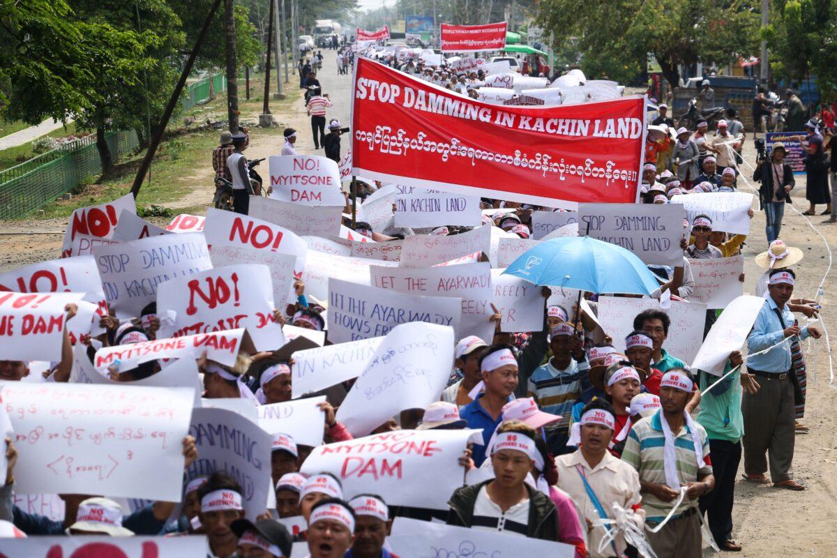 People from Kachin State take part in a protest against the Irrawaddy Myitsone dam project in Waimaw, near the Kachin State capital, Myitkyina, on April 22, 2019. (Zau Ring Hpra/AFP via Getty Images)