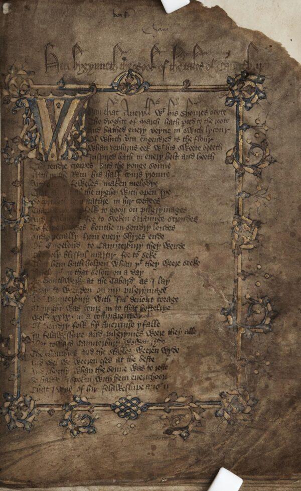 Title page of Geoffrey Chaucer's "Canterbury Tales," circa 1400. National Library of Wales (CCO 1.0)