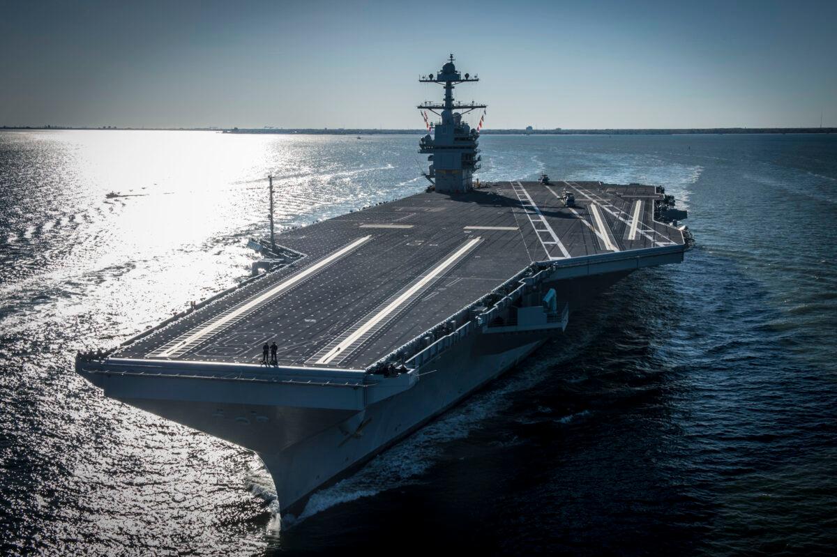 The U.S. Navy, the future USS Gerald R. Ford (CVN 78), is seen underway on its own power for the first time in Newport News, Va., on April 8, 2017. (Mass Communication Specialist 2nd Class Ridge Leoni/U.S. Navy via Getty Images)