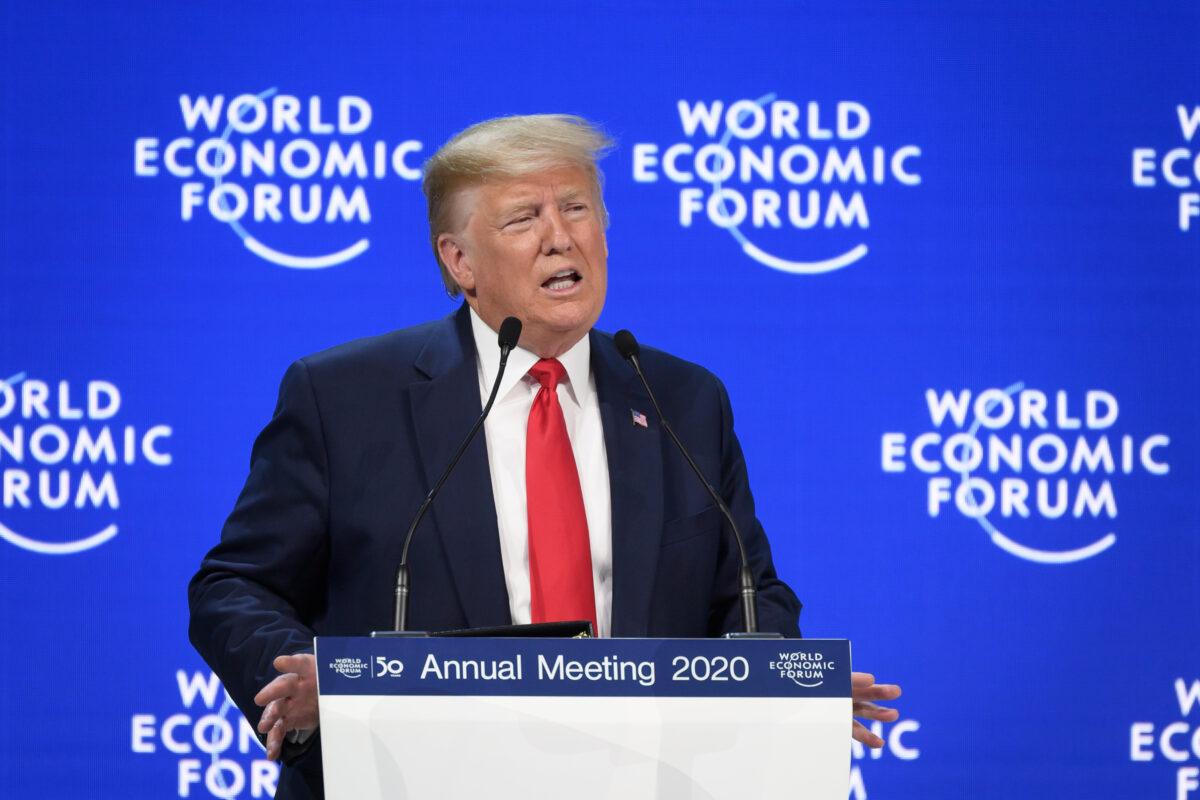 President Donald Trump delivers a speech at the Congress Center during the World Economic Forum annual meeting in Davos, Switzerland, on Jan. 21, 2020. (Fabrice Coffrini/AFP via Getty Images)