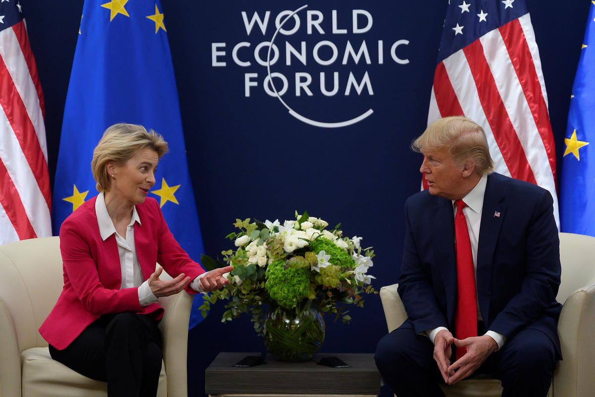 President Donald Trump speaks with European Commission President Ursula von der Leyen before their meeting at the World Economic Forum in Davos, Switzerland, on Jan. 21, 2020. (Jim Watson/AFP via Getty Images)