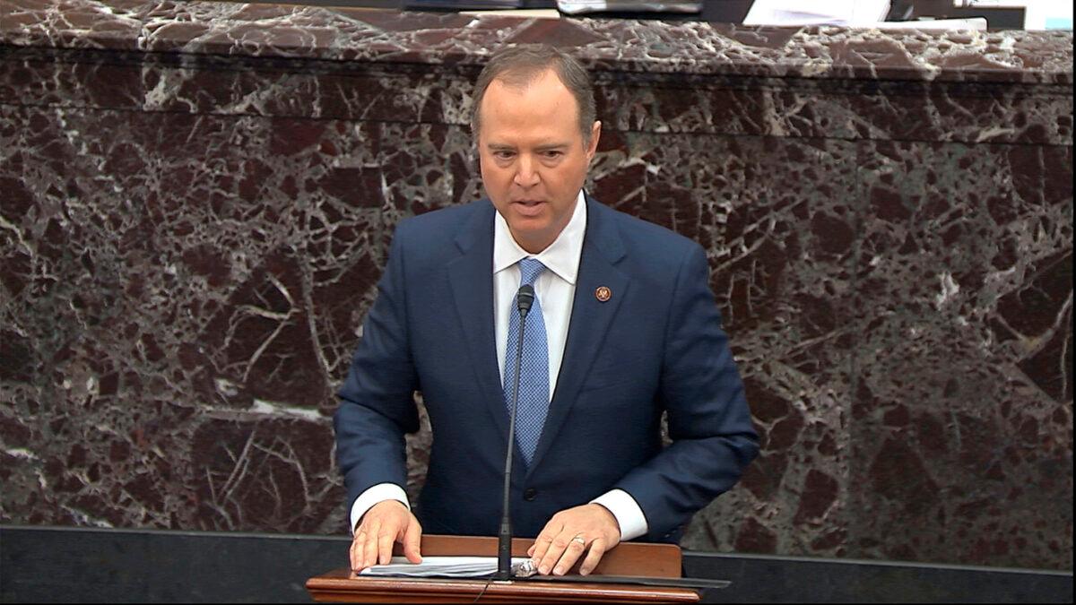 In this image from video, impeachment manager Rep. Adam Schiff (D-Calif.) speaks against the organizing resolution for the trial against President Donald Trump in the Senate at the U.S. Capitol in Washington on Jan. 21, 2020. (Senate Television via AP)