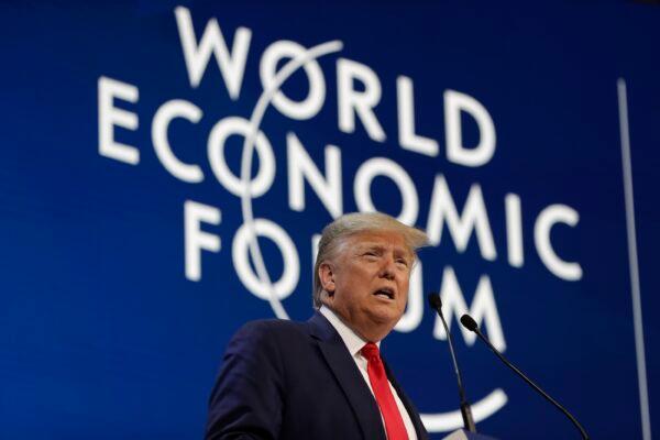 President Donald Trump addresses the World Economic Forum at the congress center in Davos, Switzerland, on Jan. 21, 2020. (Evan Vucci/AP Photo)