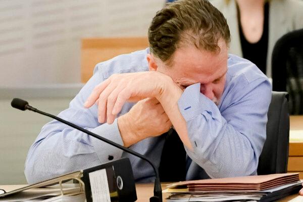 Charles "Chase" Merritt, who was convicted of murdering the McStay family of four wipes tears away after reading a statement during his sentencing hearing at San Bernardino Superior Court in San Bernardino, Calif., on Jan. 21, 2020. (Watchara Phomicinda, The Press-Enterprise/SCNG)