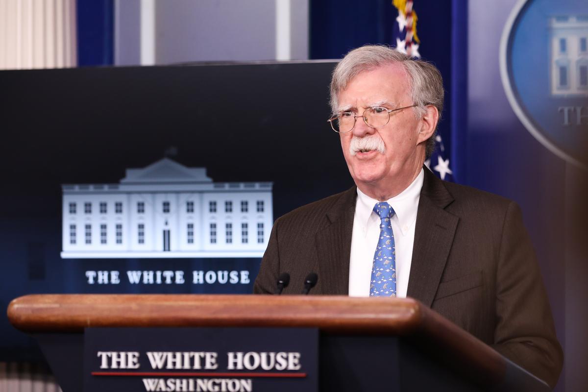 Then-national security adviser John Bolton speaks at a press briefing at the White House in Washington on Jan. 28, 2019. (Holly Kellum/NTD)