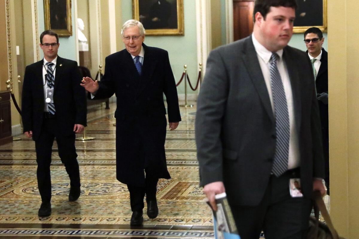 Senate Majority Leader Sen. Mitch McConnell (R-Ky.) arrives at the U.S. Capitol in Washington on Jan. 22, 2020. (Alex Wong/Getty Images)