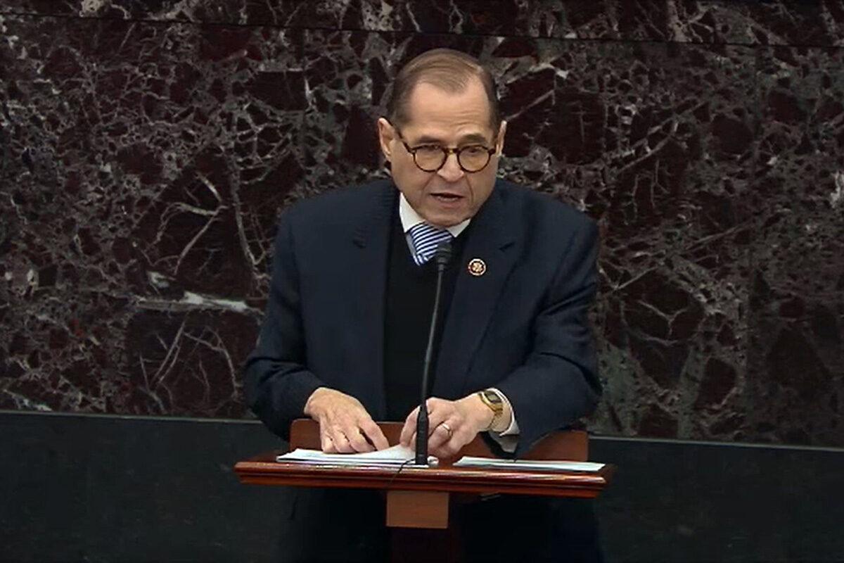 House impeachment manager Jerry Nadler (D-N.Y.) speaks during impeachment proceedings against President Donald Trump in the Senate at the U.S. Capitol in Washington on Jan. 21, 2020. (Senate Television via Getty Images)