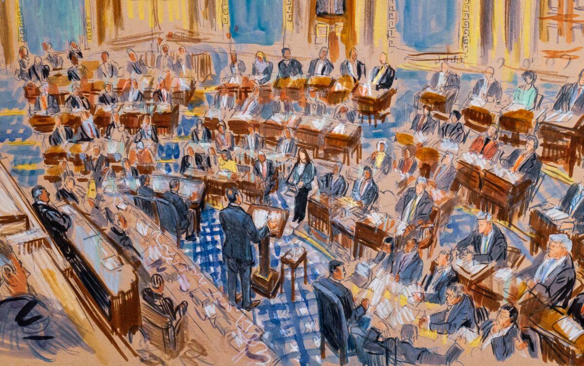 This artist sketch depicts White House counsel Pat Cipollone speaking in the Senate chamber during the impeachment trial against President Donald Trump on charges of abuse of power and obstruction of Congress, at the Capitol in Washington on Jan. 21, 2020. (Dana Verkouteren via AP)