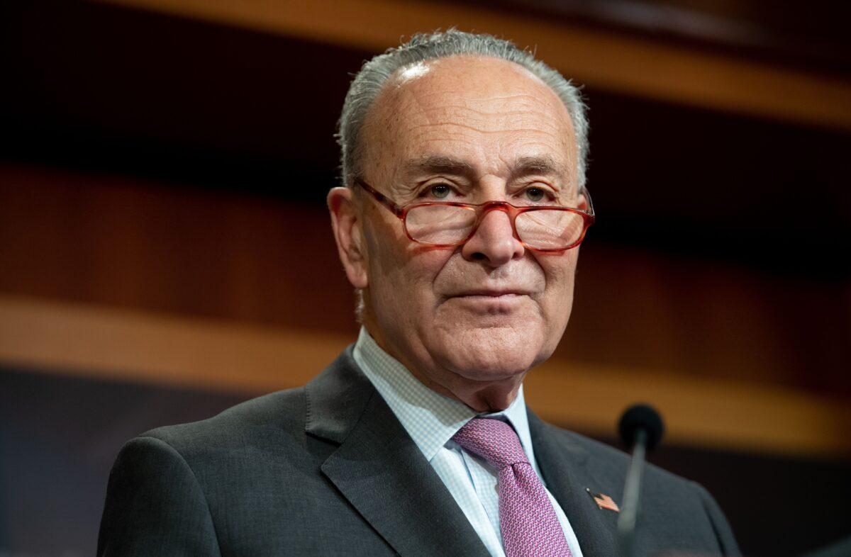 Senate Minority Leader Chuck Schumer (D-N.Y.) holds a press conference about the Senate impeachment trial of Republican President Donald Trump at the U.S. Capitol in Washington on Jan. 22, 2020, ahead of opening arguments. (Saul Loeb/AFP via Getty Images)