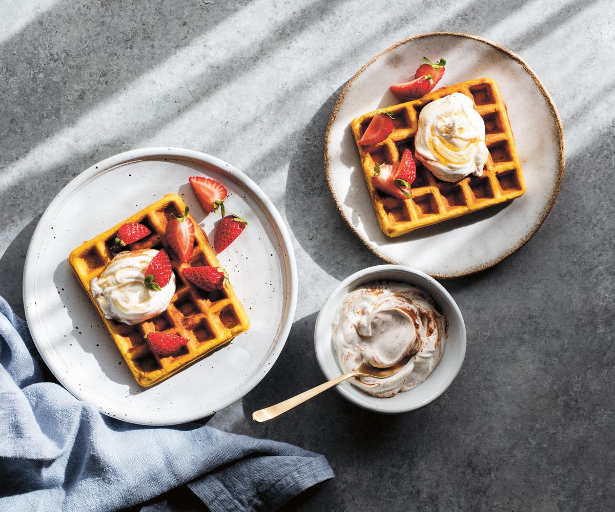 Pumpkin Spice Waffles With Maple Yogurt