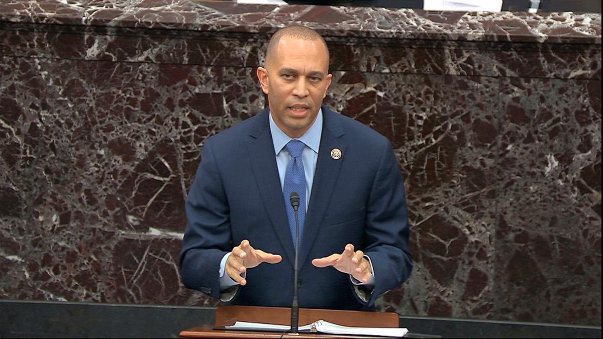 In this image from video, House impeachment manager Rep. Hakeem Jeffries, (D-N.Y.), speaks during the impeachment trial against President Donald Trump in the Senate at the U.S. Capitol in Washington, on Jan. 22, 2020. (Senate Television via AP)