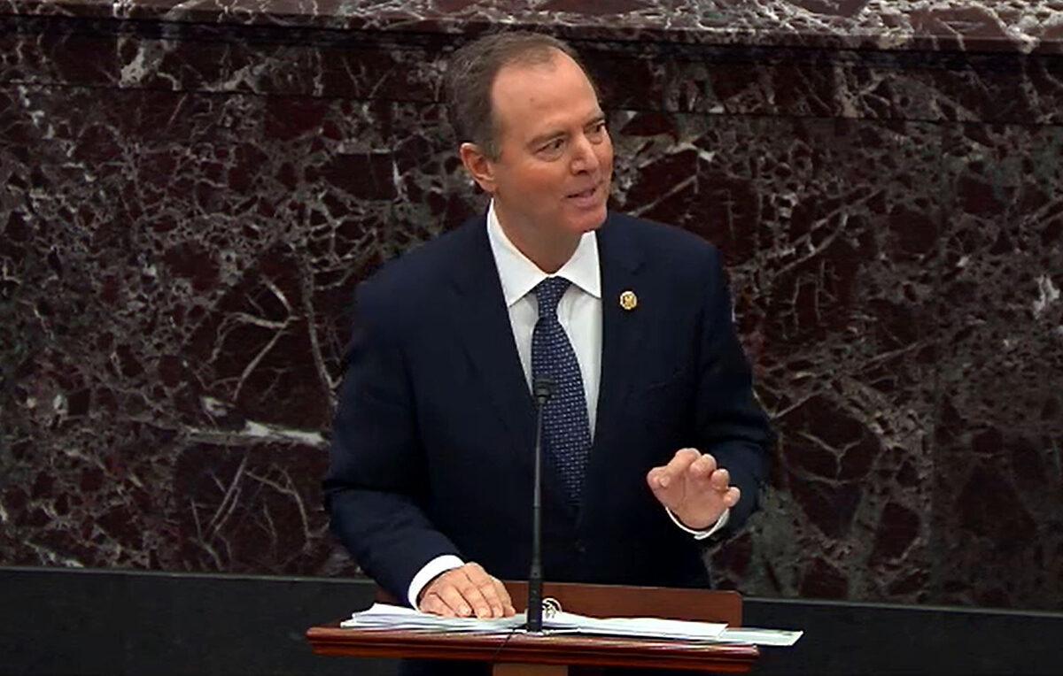 House impeachment manager Adam Schiff (D-Calif.) speaks during impeachment proceedings against President Donald Trump in the Senate at the U.S. Capitol in Washington on Jan. 22, 2020. (Senate Television via Getty Images)
