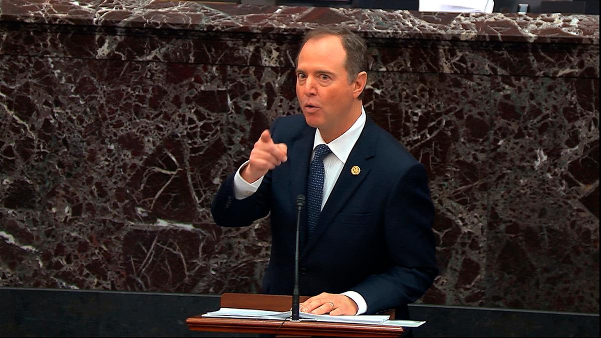 In this image from video, House impeachment manager Rep. Adam Schiff (D-Calif.) speaks during the impeachment trial against President Donald Trump in the Senate at the U.S. Capitol in Washington, on Jan. 22, 2020. (Senate Television via AP)