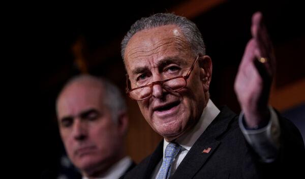 Senate Minority Leader Chuck Schumer (D-N.Y.) speaks at a press conference before the impeachment trial of President Donald Trump resumes at the U.S. Capitol in Washington on Jan. 23, 2020. (Drew Angerer/Getty Images)