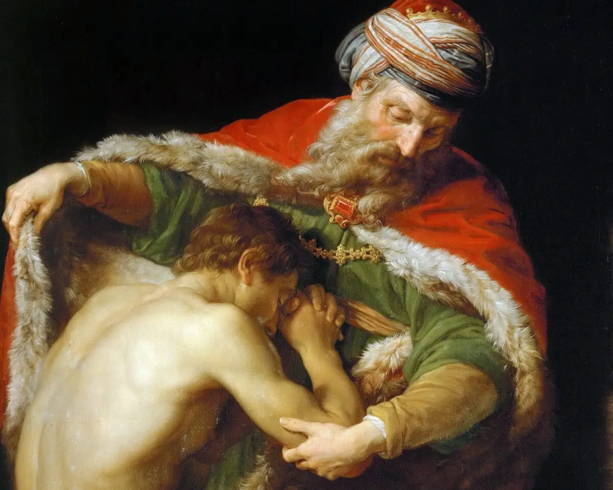 A detail from “The Return of the Prodigal Son,” 1773, by Pompeo Batoni. Oil on Canvas, 54 inches by 40 inches. Museum of Art History, Vienna, Austria. (Public Domain)