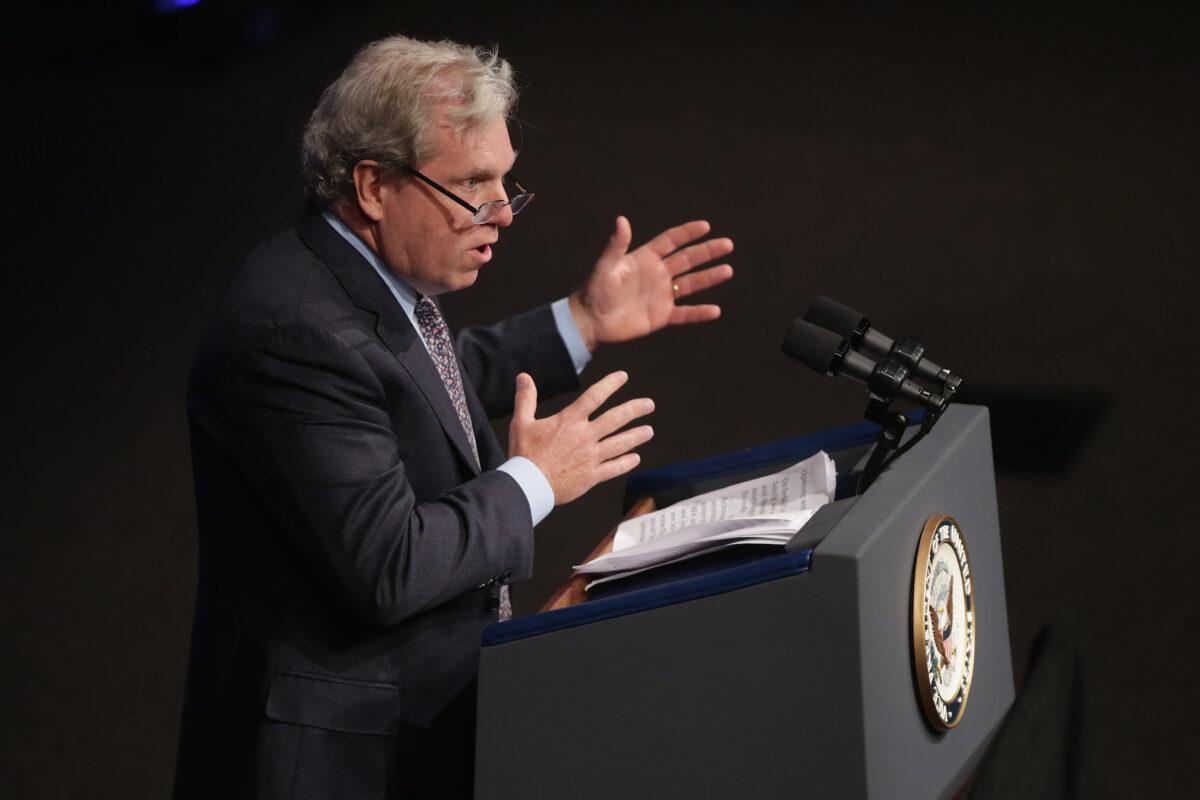 Former Clinton White House Press Secretary Joe Lockhart delivers remarks during the memorial ceremony for former White House Press Secretary James Brady at the Newseum in Washington on Oct. 10, 2014. (Chip Somodevilla/Getty Images)