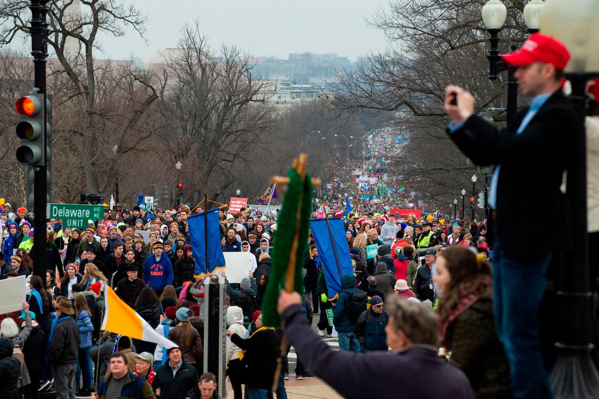 Pro-life advocates march toward the U.S. Supreme Court building in the 47th annual March for Life in Washington on Jan. 24, 2020. (Roberto Schmidt/AFP via Getty Images)