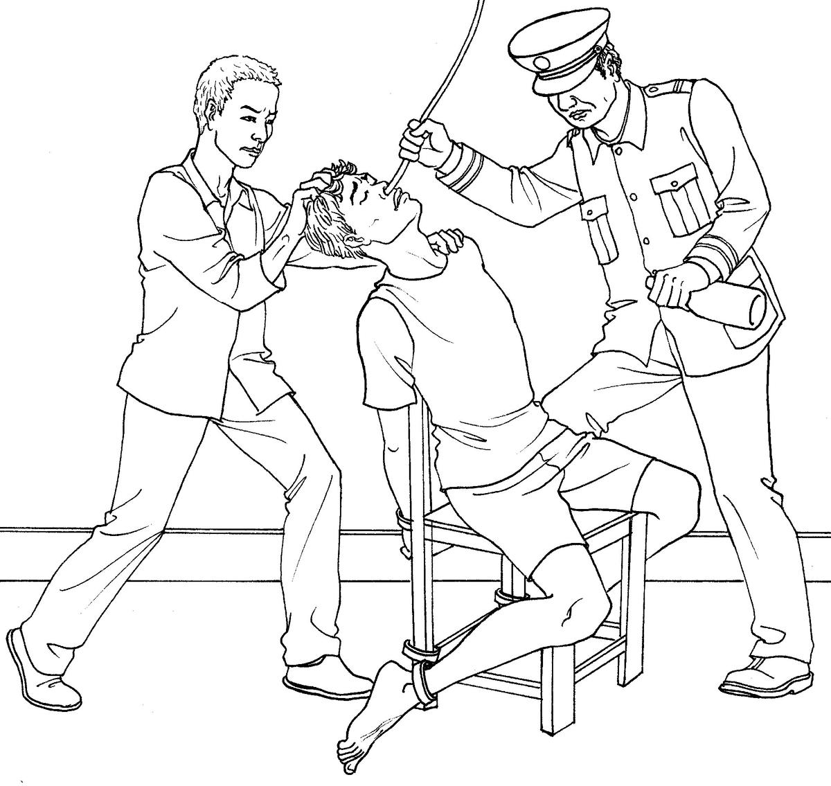An illustration of force-feeding, one of the torture methods used in Chinese labor camps and prisons. (Minghui)