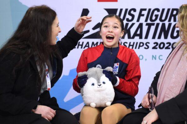 Alysa Liu reacts in the kiss and cry area after the Senior Ladies Free Skate at Greensboro Coliseum Complex in North Carolina on Jan 24, 2020. (Photo by Bob Donnan-USA TODAY Sports)