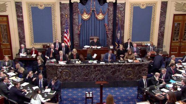 The impeachment trial against President Donald Trump in the Senate at the U.S. Capitol in Washington, on Jan. 25, 2020. (Screenshot via Senate Television)